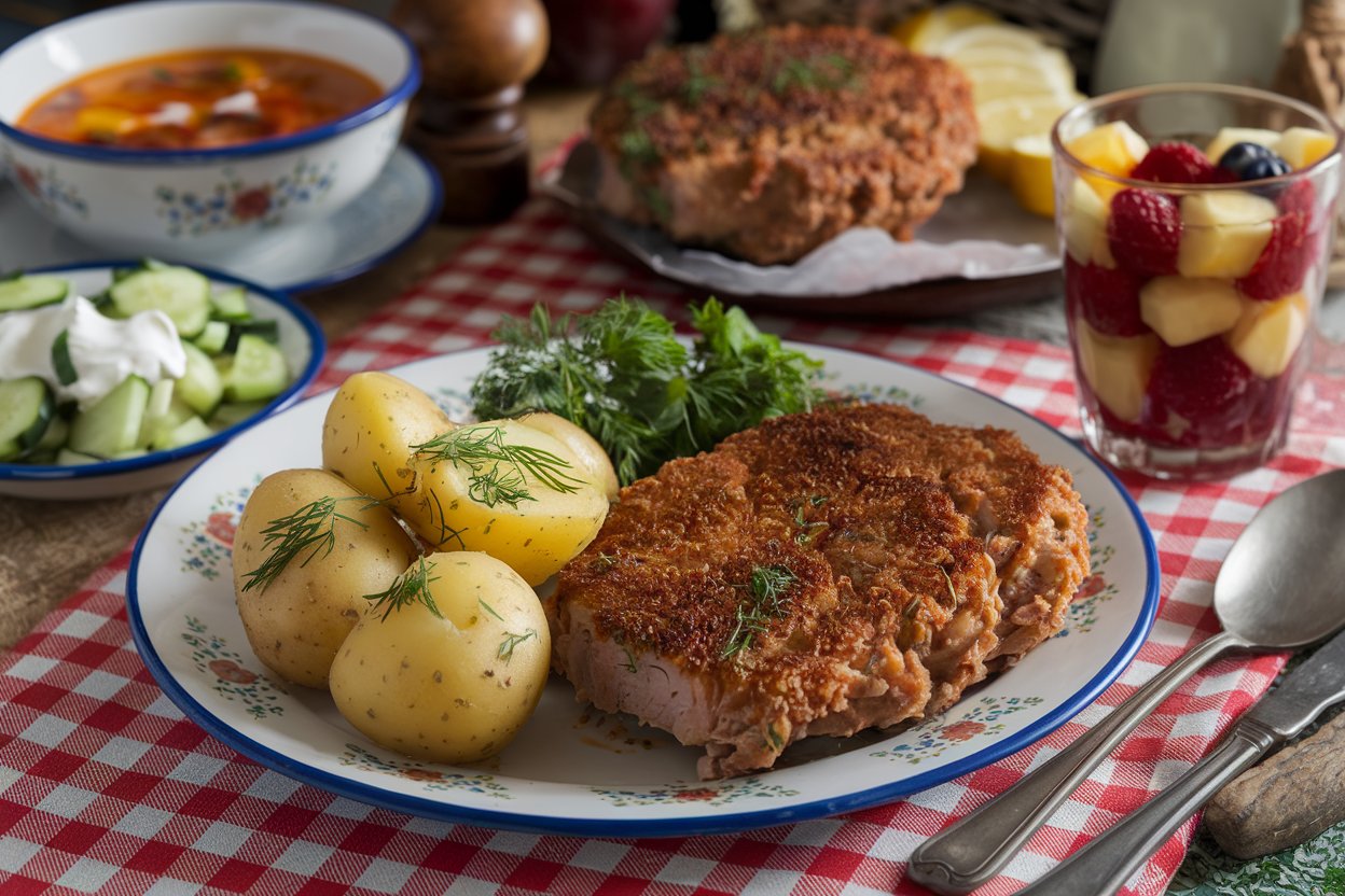 Stół z talerzem, na którym znajdują się młode ziemniaki z koperkiem, kotlet schabowy oraz zielenina.