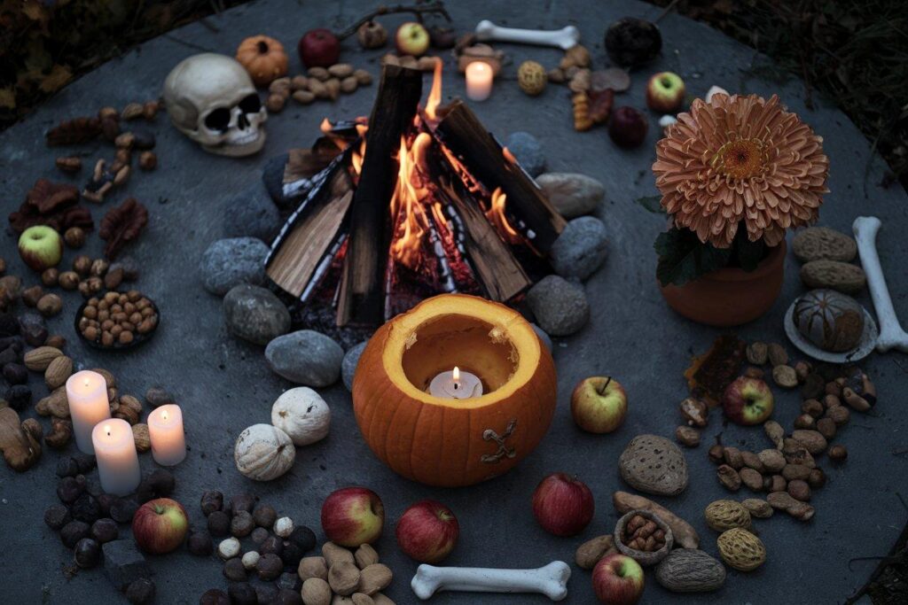Kompozycja symboli związanych ze świętami: Samhain (ognisko, orzechy, jabłka), Halloween (czaszka, dynia) oraz Dniem Wszystkich Świętych (znicze, chryzantemy).