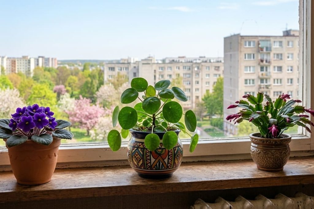 trzy kwiaty doniczkowe fiołek afrykański, pieniążek i grudnik na parapecie mieszkania w bloku z wielkiej płyty
